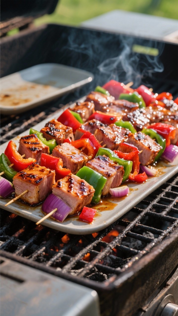 25-inch cubes threaded with red bell pepper, green bell pepper, and small red onion pieces, glistening with a glossy sweet-and-sour glaze, gentle grill smoke, defined char marks on pork and peppers, summer backyard vibe with a simple platter nearby for serving; vibrant reds, greens, and purple onion against dark grill grates; bright, natural daylight, shallow depth for appetizing shine, no people.