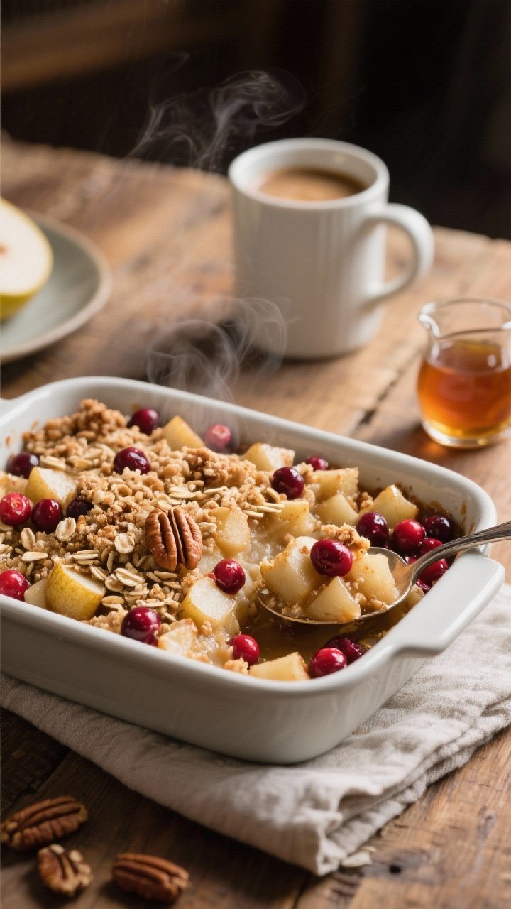 45-degree angle breakfast scene of Cranberry Pear Crisp with Oat-Pecan Streusel: chunky diced pears and cranberries bound with a light maple syrup glaze, vanilla, cinnamon, and a pinch of salt, crowned with a toasty oat-pecan topping; served warm in a shallow casserole with a spoonful scooped into a small bowl; set alongside a mug of coffee and a small pitcher of maple syrup; cozy morning light, wooden table, napkin casually folded, emphasizing hearty textures and inviting steam.