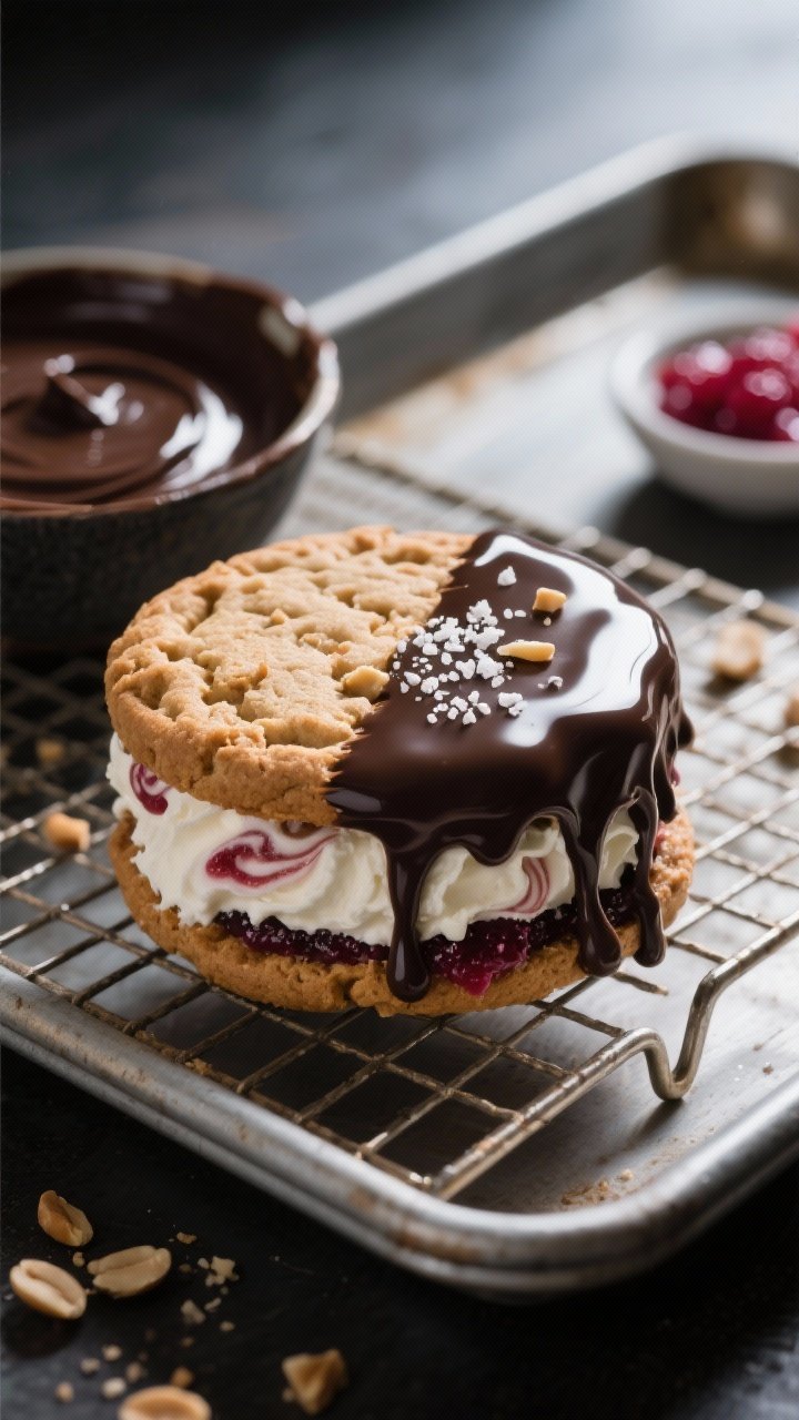 45-degree angle close-up of a Chocolate-Dipped PB & J Ice Cream Sandwich with salted crunch: chewy peanut butter cookies encasing vanilla ice cream swirled with raspberry jam, half-dipped in glossy dark chocolate (60–70%) sprinkled with flaky sea salt and crushed roasted peanuts; chocolate drip mid-set on a cooling rack over a sheet pan, a bowl of melted dark chocolate and a small dish of raspberry jam in the background; dramatic side lighting for shine and texture.