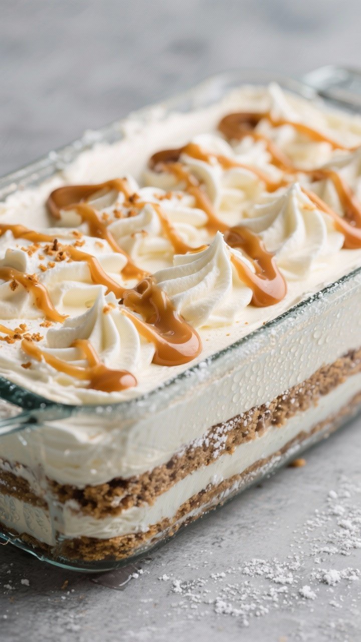 45-degree angle close-up of a no-bake salted caramel icebox layer cake in a glass loaf dish: visible strata of whipped heavy cream and cream cheese mixture lightly sweetened with powdered sugar and vanilla, alternating with cookie layers, all swirled and topped with glossy ribbons of store-bought or homemade salted caramel sauce; soft peaks, spoon marks, and caramel pooling at the edges; chilled condensation on the glass, set on a cool slate surface for a refreshing, effortless vibe.