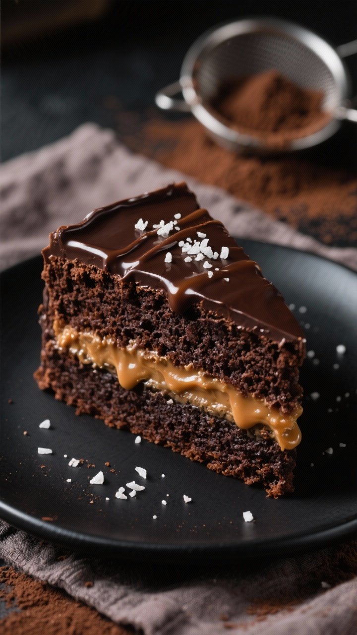 45-degree angle close-up of a salted caramel chocolate layer cake slice on a matte black plate: ultra-moist dark chocolate sponge (cocoa powder, granulated sugar, baking soda, baking powder, fine salt, eggs) layered with thick salted caramel filling, topped with dark chocolate ganache and a lustrous salted caramel drizzle; finishing flakes of sea salt sparkle on top; background includes a cocoa-dusted linen and a sieve with cocoa powder; moody contrast lighting to emphasize rich chocolate and glossy caramel textures.