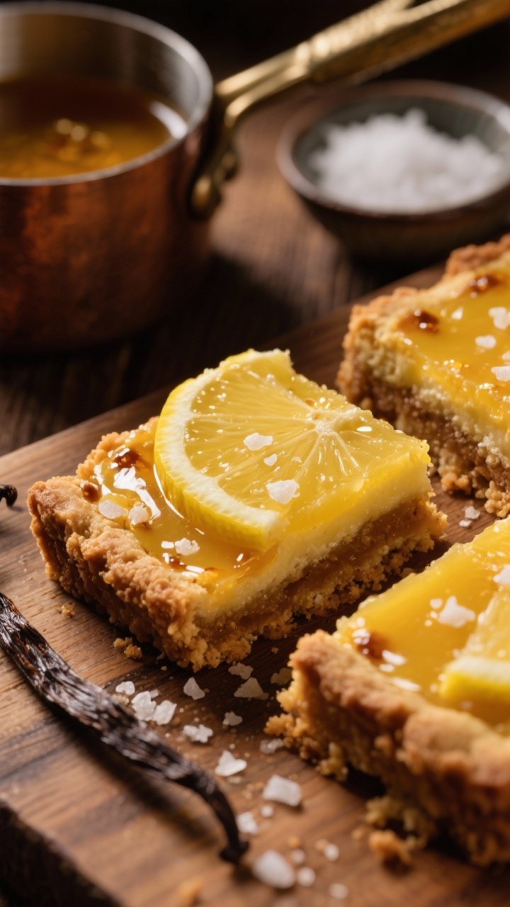 45-degree angle close-up of brown butter lemon bars with salted shortbread: deeply golden, nutty-scented crust from brown butter, granulated sugar, light brown sugar, vanilla bean paste, and flaky sea salt, topped with vivid lemon filling; visible browned butter specks in the crust, delicate sea salt flakes scattered on top; styling includes a small saucepan with browned butter, vanilla bean pod, and a pinch bowl of flaky salt; shot on a warm wood board with moody side light to emphasize texture and caramel tones.