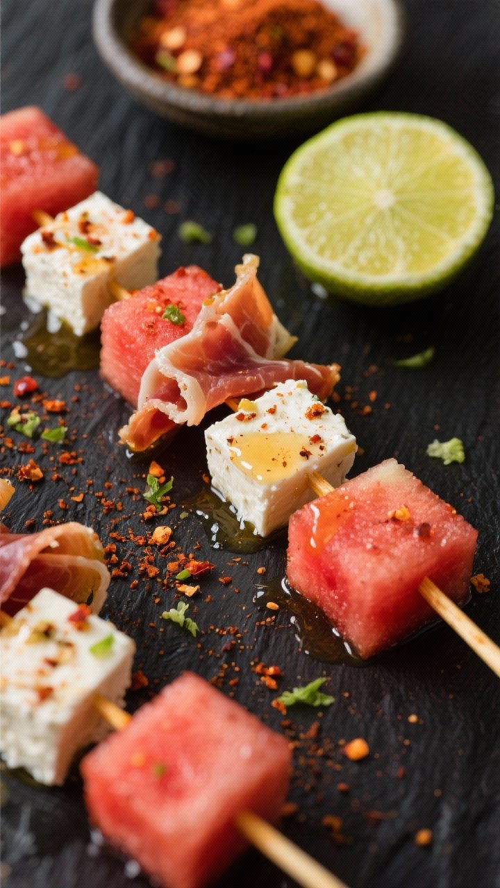 45-degree angle close-up of Chili-Lime Party Skewers With Tajín Crunch arranged on a matte black slate: 1-inch watermelon cubes and 3/4-inch feta cubes threaded with folded prosciutto. The skewers are brushed with a honey-lime mixture (visible sheen), sprinkled generously with Tajín or chili-lime seasoning, flecks of lime zest scattered. A halved lime and a small dish of chili-lime seasoning in the background. Punchy, vibrant colors, shallow depth of field emphasizing the spicy-citrus glaze and texture contrast.