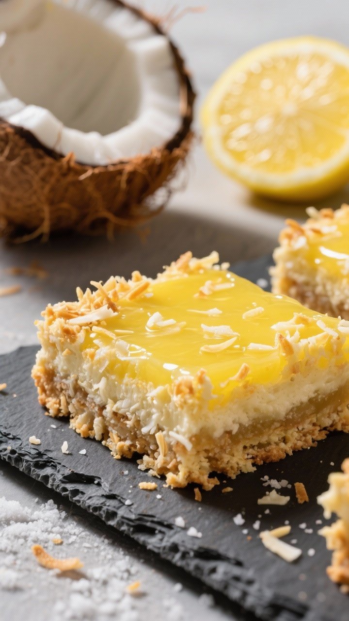 45-degree angle close-up of coconut macaroon crust lemon bars (gluten-free): shaggy, toasty coconut crust made from unsweetened shredded coconut, granulated sugar, glossy egg whites, fine sea salt, and vanilla extract, topped with bright lemon curd; emphasize contrast between crisp, golden coconut strands and smooth lemon layer; a few stray coconut flakes on the slate serving board, with a cracked coconut shell and a halved lemon in the background; bright, punchy lighting to highlight texture and make the lemon pop.