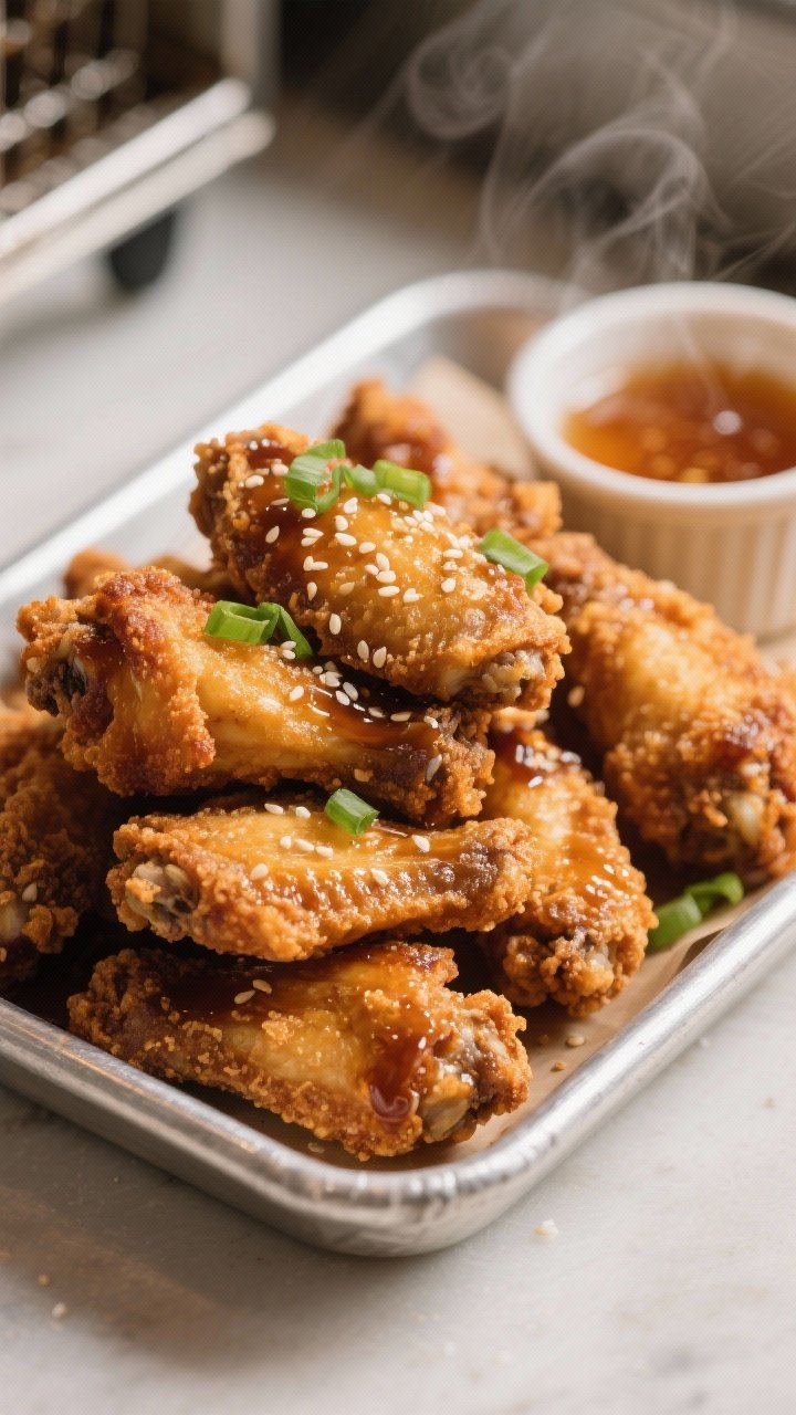 45-degree angle close-up of crispy-fried honey teriyaki wings stacked high in a shallow metal tray: ultra-craggy crust from cornstarch and rice flour dredge, seasoned with kosher salt and white pepper, deep golden brown with micro-bubbles; a small ramekin of sticky honey-teriyaki sauce for tossing or dipping, a few wings lightly sauced for contrast; neutral oil fryer in soft background bokeh, sprinkled sesame seeds and scallion greens; high-contrast, fast shutter to freeze crisp texture, steam faintly visible.