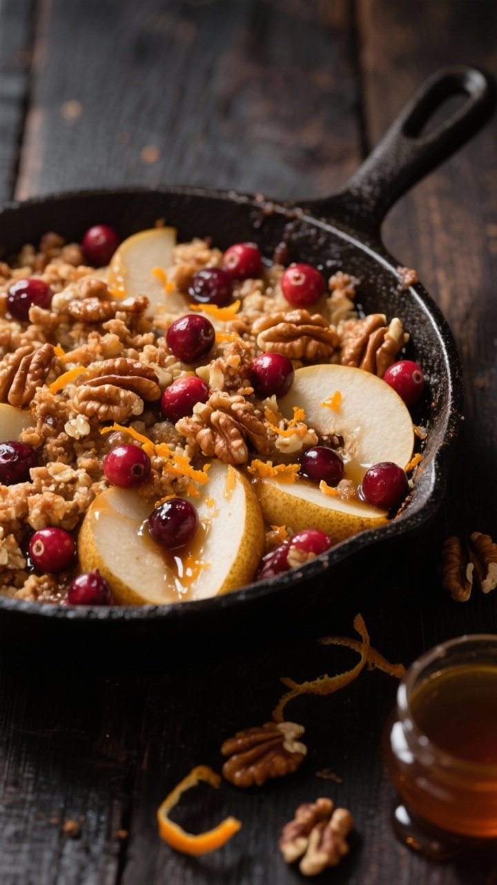 45-degree angle close-up of Maple-Walnut Cranberry Pear Crisp with Brown Butter Crunch served in a cast-iron skillet: sliced firm pears and cranberries glistening with pure maple syrup and fresh orange juice, flecks of orange zest and vanilla visible; the topping studded with toasted walnuts and browned-butter sheen, deeply caramelized edges; a maple syrup drizzle nearby, scattered walnut pieces and orange zest curls on a dark wood surface, moody side light for texture and shine.