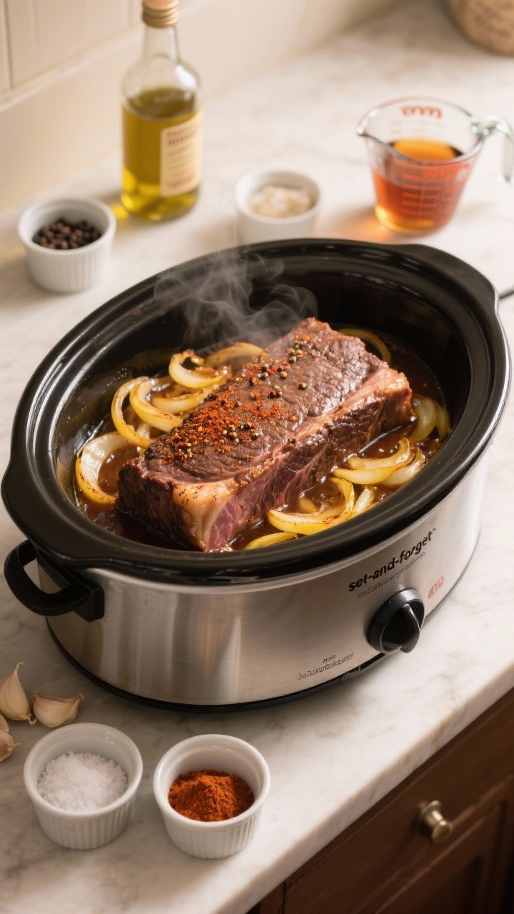45-degree angle, cozy slow cooker countertop scene: a flat-cut beef brisket (4–5 lb) nestled in a slow cooker with caramelized thinly sliced yellow onions, a rich bourbon-onion jus bubbling gently. Surrounding mise en place includes small ramekins of kosher salt, black pepper, smoked paprika, garlic powder, and a bottle of neutral oil, plus a measuring cup of bourbon partially poured. The brisket surface shows soft, braised edges and pepper-paprika speckles. Warm, homey lighting, steam visible, focus on “set-and-forget” comfort.