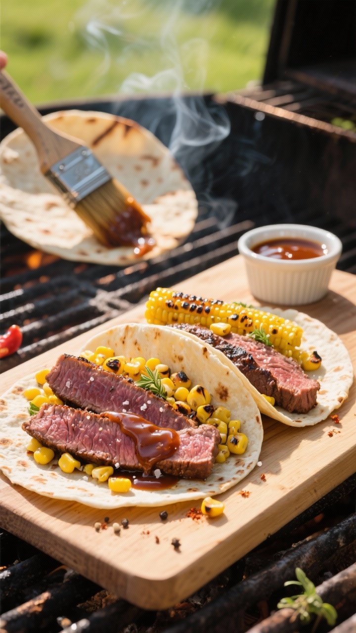 45-degree angle grill-side action shot: backyard grilled flank steak tacos with charred corn. Sliced medium-rare flank steak, seasoned with kosher salt, black pepper, chili powder, ground coriander, and smoked paprika, brushed with extra barbecue sauce for a sticky sheen. Charred corn kernels scattered over warmed tortillas, a ramekin of barbecue sauce nearby. Visible grill marks, a basting brush with sauce, and light smoke wafting. Bright, sunlit outdoor feel, vibrant yellows from corn, deep mahogany crust on steak, clean wood board presentation.