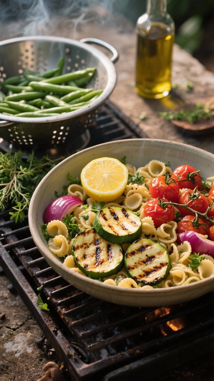 45-degree angle grill-side scene of a Grilled Lemon-Herb Niçoise Pasta Salad in progress: orecchiette in a mixing bowl with grilled zucchini planks showing defined char marks, grilled red onion rounds with caramelized edges, blistered cherry tomatoes, and a halved lemon on the grill grates, ready to be squeezed over; green beans blanched and waiting in a colander; herb sprigs (parsley/thyme) and a bottle of olive oil nearby; moody late-afternoon summer light with a bit of smoke haze, rustic outdoor surface, shallow depth of field focusing on the charred vegetables.