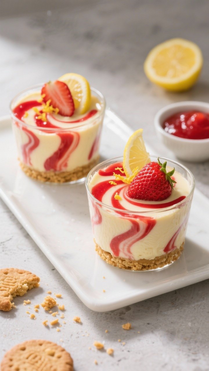 45-degree angle plated presentation: Bakery-style swirled strawberry cheesecake cups showcasing dramatic red strawberry swirl ribbons through a pale cheesecake pudding-cream cheese layer, set over a crunchy lemon sandwich cookie crust (filling included) bound with melted butter. Serve in short, clear rocks glasses to highlight the marbled effect and lemony crumb. Garnish with a twist of lemon zest and a thin strawberry fan. Shot on a light concrete surface with scattered lemon cookie crumbs and a small bowl of strawberry puree used for the swirl. Vivid, punchy color grading to pop the reds and yellows.