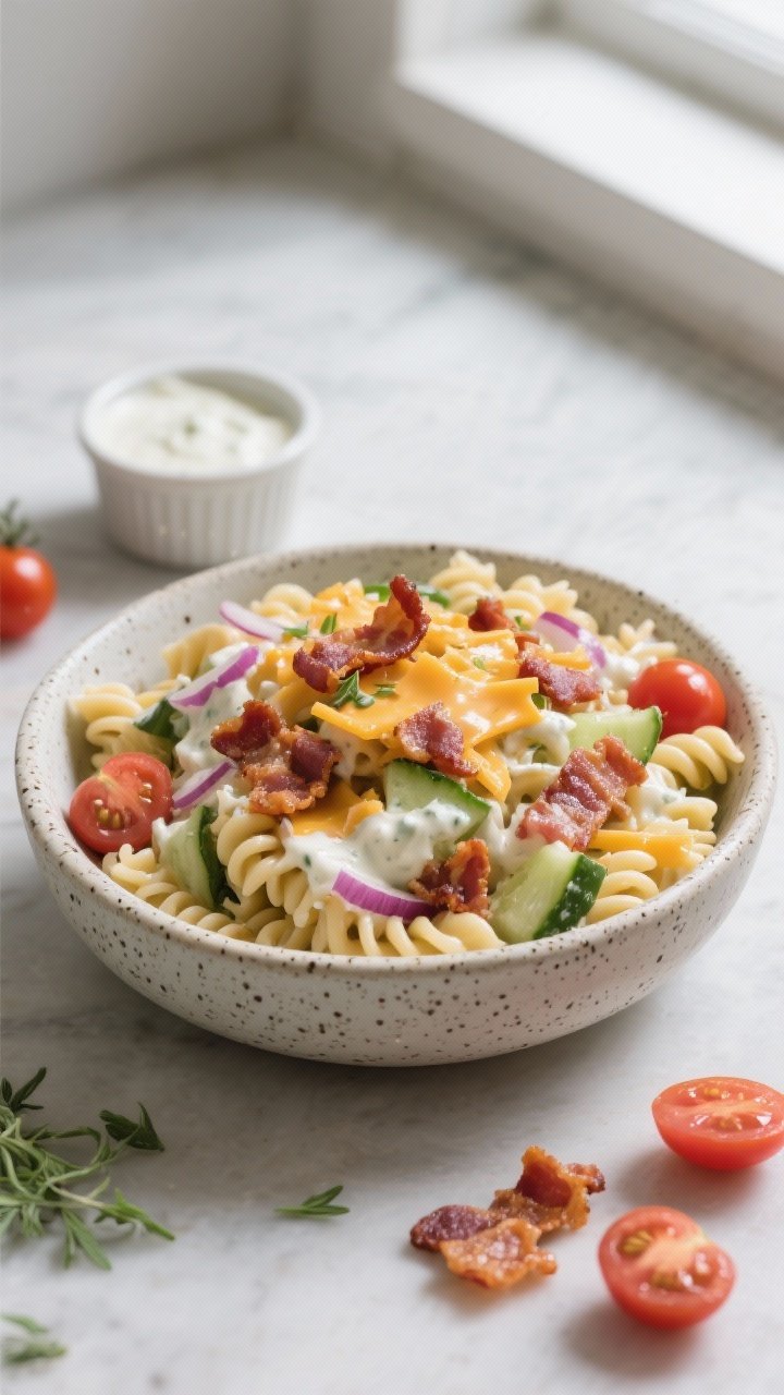 45-degree angle plated shot of Ranch-Lover’s BLT Bacon Cheddar Pasta Salad With Buttermilk Tang: fusilli coated in creamy ranch, crumbled crisp bacon, shredded medium cheddar, halved cherry tomatoes, diced English cucumber, and thinly sliced red onion. Serve in a shallow speckled stoneware bowl with visible ranch drizzle and herbs. Include a ramekin of ranch dressing and a scattering of bacon and tomato halves on the table. Fresh, cool tones, soft window light, crisp textures emphasized.