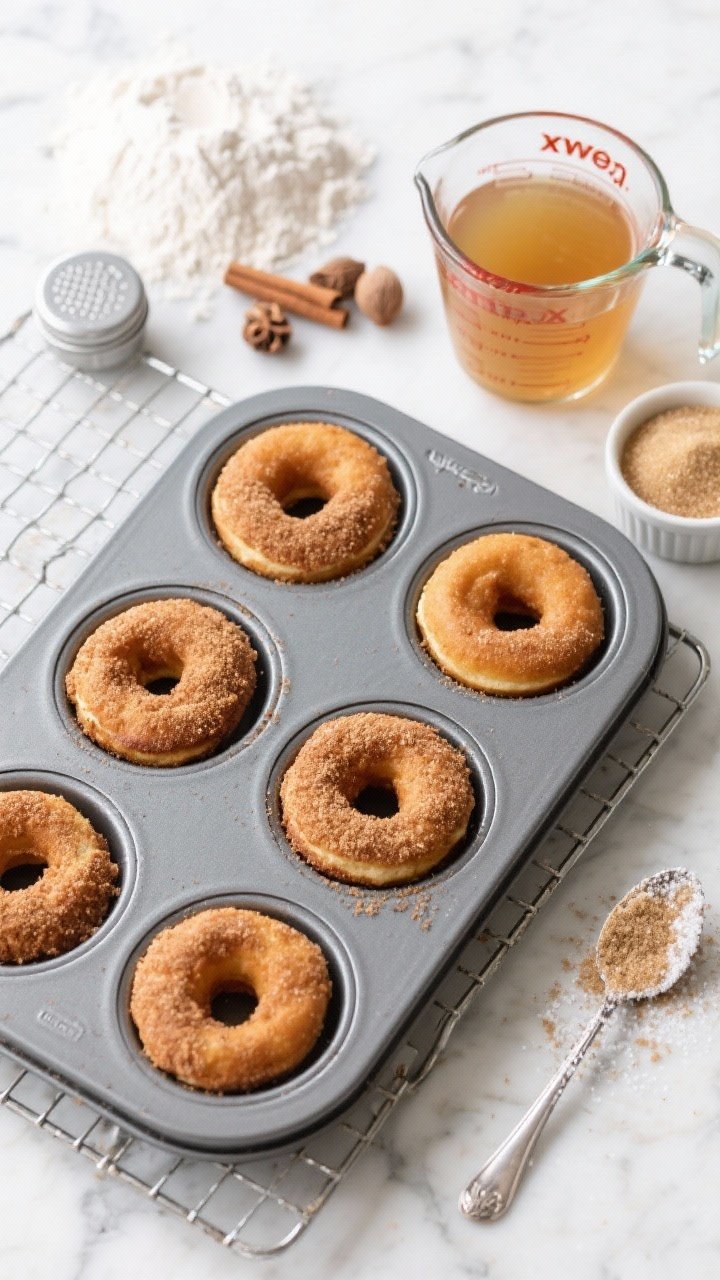 45-degree angle shot of Easy Baked Apple Cider Donuts cooling in a nonstick donut pan: evenly baked, matte-finished rings coated lightly in cinnamon-sugar. Include a glass measuring cup with 1 1/4 cups apple cider, a small pile of all-purpose flour, baking powder and baking soda tins, kosher salt pinch bowl, ground cinnamon and nutmeg, and a ramekin of granulated sugar. Clean, fast weeknight vibe on a bright marble counter; emphasize simplicity and speed with a wire rack and a spoon dusted in sugar.