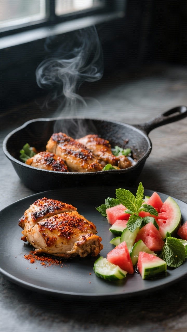45-degree angle skillet-to-plate scene for Smoky Skillet Cajun Chicken With Watermelon-Mint Salad: boneless skinless chicken thighs seared in a cast-iron skillet with Cajun seasoning and smoked paprika, visible caramelized edges; alongside a fresh salad of cubed watermelon and thin half-moons of English cucumber tossed with torn mint leaves; neutral oil gloss, served on a matte charcoal plate with the steaming skillet in the background, moody window light, deep shadows emphasizing smoke and spice.