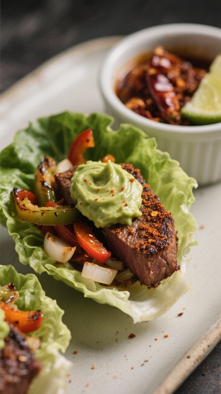 45-degree close-up of Chipotle-Garlic Steak Fajita Lettuce Cups: juicy skirt steak with a smoky chipotle chili powder crust, hints of cumin and garlic. Tucked into lettuce cups with lightly blistered fajita peppers and onions, finished with a silky avocado crema swirl on top. Neutral oil gloss, specks of chipotle visible, a ramekin of minced chipotle in adobo and lime halves in background. Shallow depth of field to emphasize texture and char; moody, warm tones to convey heat and smokiness.