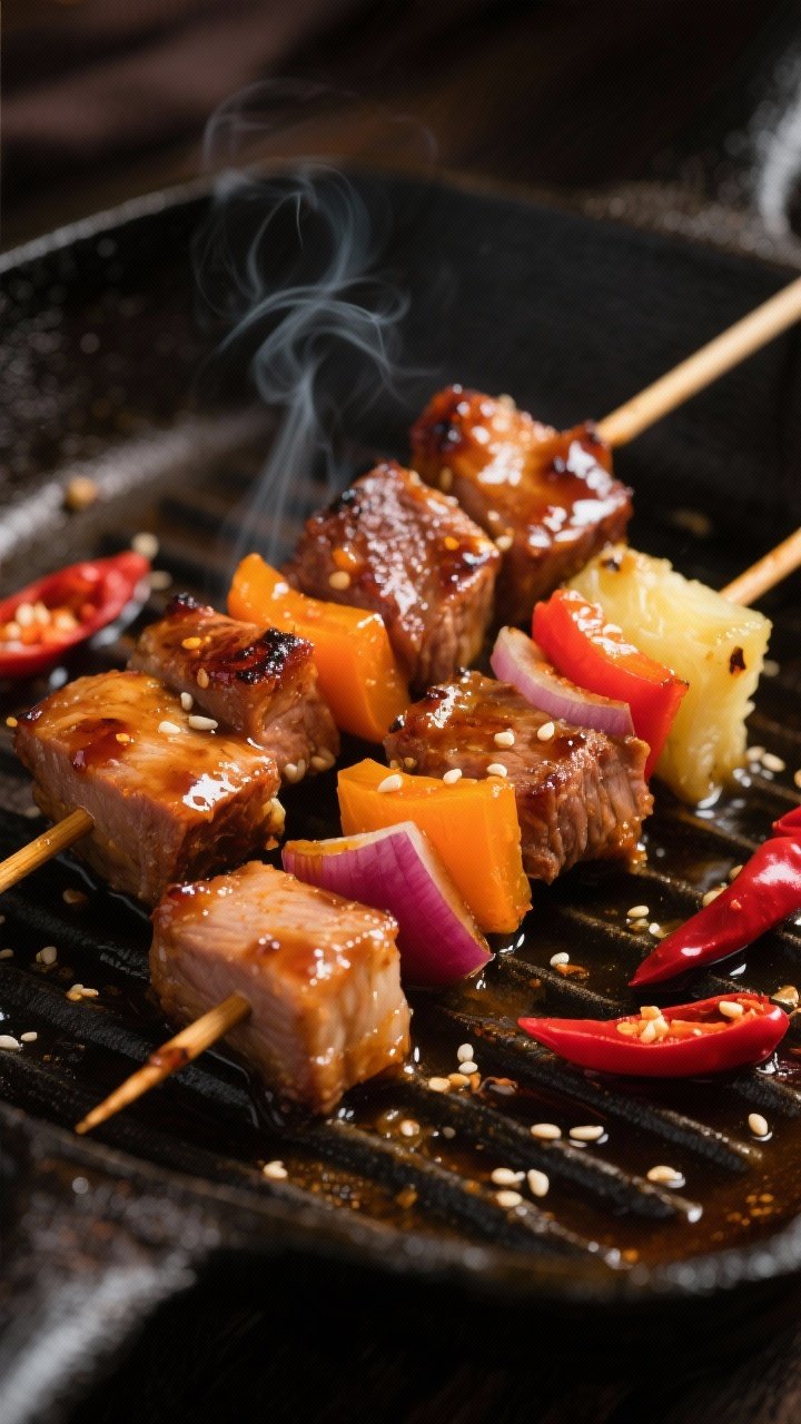 45-degree close-up of sticky-honey sweet and sour pork shoulder skewers with chili heat: pork cubes lacquered in a honey-forward sweet-sour sauce with visible chili flecks, threaded with orange bell pepper, red onion chunks, and juicy pineapple; skewers (wooden, soaked) resting on a dark cast-iron grill pan with caramelized sauce drips and steam; garnish of thin red chili slices and sesame seeds; warm, moody lighting emphasizing the sticky glaze and charred edges; tight composition for maximum texture and shine.