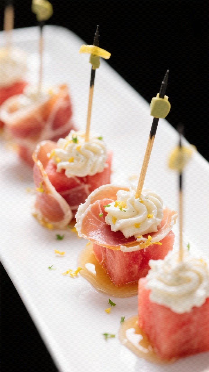 45-degree macro close-up of Prosciutto Rosettes With Whipped Feta And Hot Honey: whipped feta (feta, cream cheese, Greek yogurt, lemon juice) piped in soft swirls atop 1-inch watermelon cubes on skewers, delicate prosciutto formed into rosettes nestled against the whipped feta. Threads of hot honey drizzled over, micro lemon zest sparkles, tiny honey puddles catching light. Clean white plate, bright modern styling, ultra-creamy texture and glossy honey emphasized, no hands.