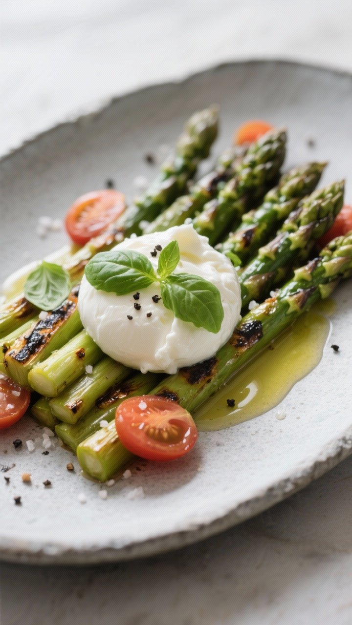 45-degree plated presentation of a grilled asparagus “caprese” without tomatoes: glossy grilled asparagus spears arranged in parallel, torn creamy burrata mounded in clouds between clusters, fresh basil leaves tucked throughout; a restrained rain of kosher salt and cracked black pepper; a ribboning drizzle of good olive oil pooling on a matte stone plate; clean, modern styling with soft natural light and shallow depth of field to emphasize the contrast between the asparagus char and the burrata’s silky texture.