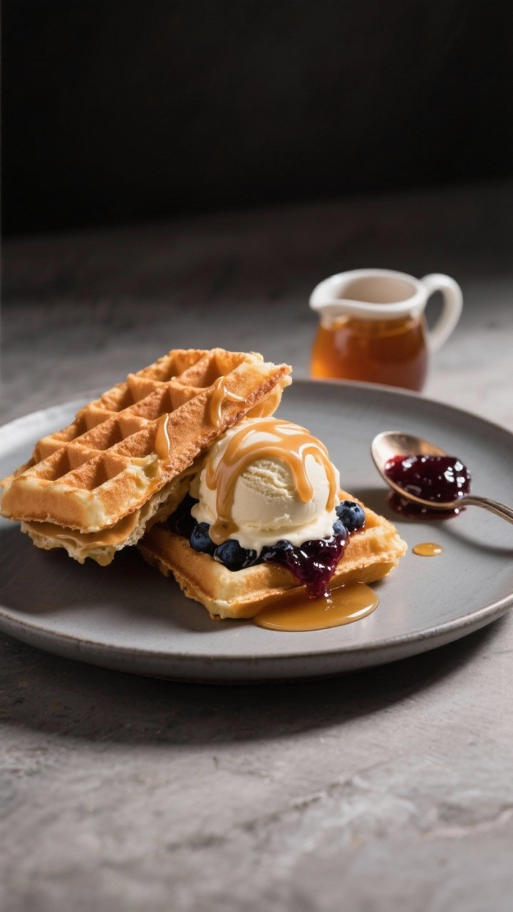 45-degree plated presentation of PB & J Waffle Ice Cream Sandwich with maple drizzle: two crisp Belgian-style waffles enclosing a scoop of vanilla bean ice cream, generous swirl of warmed creamy peanut butter and glossy blueberry jam, finished with a flowing ribbon of maple syrup; syrup pooling slightly on a matte plate, a small pitcher of maple syrup and a spoon with jam smears nearby; high-contrast side light to emphasize waffle ridges, melting ice cream, and sticky sheen.