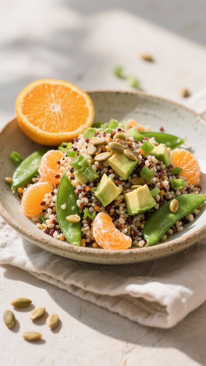 45-degree plated presentation of Tangy Tangerine Quinoa With Avocado And Pepitas: tri-color quinoa mounded in a shallow stoneware bowl, studded with tangerine/mandarin segments, creamy diced avocado, thinly sliced snap peas, and chopped green onions. Sprinkle toasted pepitas on top and finish with a light citrusy sheen. Style with a tangerine half, scattered pepitas, and a linen napkin in warm daylight. Emphasize juicy citrus glisten and contrasting textures—fluffy grains, creamy avocado, crunchy seeds—no people.