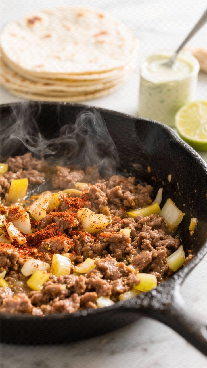 45-degree skillet action shot: ground pork sizzling in a black skillet with diced yellow onion and minced garlic, dusted with chili powder, smoked paprika, ground cumin, and a pinch of salt; edges crisping and glossy from a tablespoon of neutral oil; a squeeze bottle of lime crema off to the side and warm tortillas stacked in the background; bright, weeknight-casual mood with clean countertops, steam rising, sharp focus on pork’s browned texture.