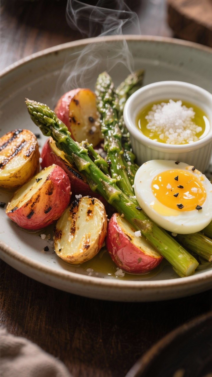 45-degree warm Niçoise-inspired grilled asparagus and potato remix: halved small red and gold potatoes roasted until caramelized edges, grilled asparagus spears laid alongside, jammy-centered boiled eggs halved with glossy yolks; a light olive oil sheen, kosher salt, and black pepper visible; served slightly warm on a wide shallow bowl, with a small ramekin of coarse salt and a drizzle trail of oil on the rim; cozy, bistro-style ambiance, steam faintly rising.