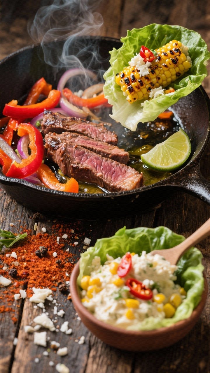 Action skillet shot for Street-Style Steak Fajita Lettuce Cups With Elote-Inspired Topping: skirt or flap steak strips sizzling in a cast-iron skillet with olive oil, chili powder, smoked paprika, kosher salt, cumin, and black pepper, sharing the pan with colorful red and orange bell pepper strips and onions. In the foreground: a small bowl of elote-style topping (creamy corn with cotija, lime, and chili), ready to spoon onto lettuce cups. Steam rising, charred edges visible, lime wedges and cotija crumbles scattered on a rustic wooden surface; energetic, street-food vibe with vibrant colors and high contrast.