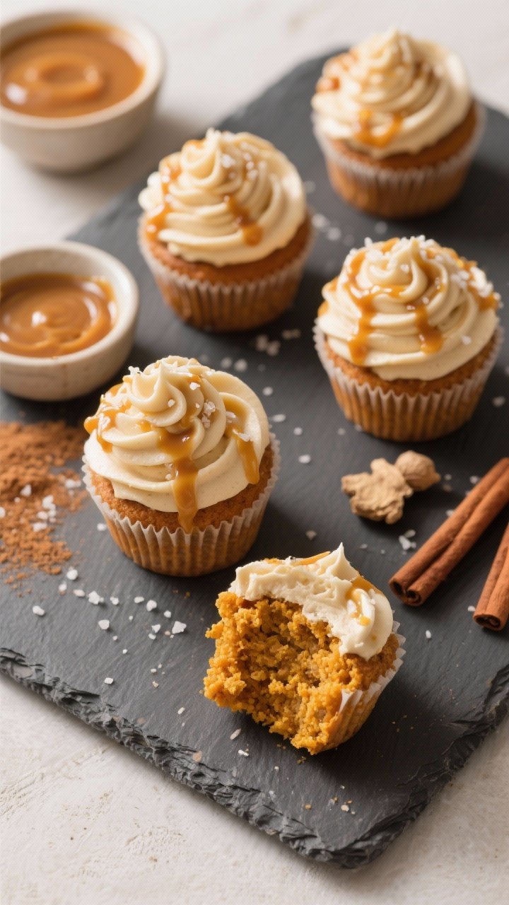 An overhead shot of The Cozy Classic: pumpkin caramel cupcakes on a matte slate board, each topped with silky salted caramel buttercream piped in soft swirls, glossy caramel drizzle and a light sprinkle of flaky sea salt. Include a small bowl of homemade caramel sauce, a dusting of ground cinnamon, ginger, and nutmeg on the surface, and a cut cupcake showing tender pumpkin crumb. Warm autumnal color palette with soft side light, no people, professional food styling props in neutral ceramics.