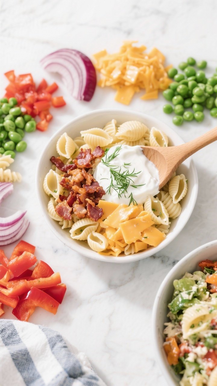 Bright overhead ingredient-to-bowl transition for Herby Greek Yogurt Bacon Cheddar Pasta Salad That Feels Lighter: small shells, crisp crumbled bacon, shredded mild cheddar, sweet green peas, finely diced red bell pepper, and thinly sliced red onion arranged in neat segments around a central bowl of herby Greek yogurt dressing (dill, parsley visible). Include a wooden spoon mid-toss in a secondary bowl containing partially mixed salad. Clean white marble surface, airy daylight, fresh and light mood.