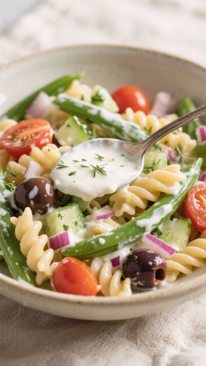 Close-up creamy scene of a Greek Yogurt Niçoise Pasta Salad: cavatappi coated in a glossy, tangy Greek yogurt dressing, with crisp green beans, halved cherry tomatoes, finely diced cucumber, finely chopped red onion, and sliced olives dotted throughout; tiny dill or oregano flecks in the dressing; spoon creating a gentle swoop showing the creamy texture; neutral ceramic bowl on a light linen, soft diffused light, emphasis on the cool, fresh, protein-packed vibe.