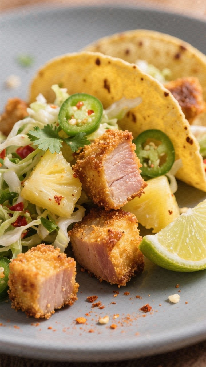 Close-up crispy bite: golden, cornstarch-dusted pork tenderloin cubes fried until craggy and crisp, tossed with sweet-tart pineapple pieces; a vibrant chile-lime slaw (shredded cabbage, thin-sliced jalapeño, cilantro) piled into corn tortillas; seasoning notes of garlic powder, chili powder, salt, and pepper visible as speckles on the crust; shot tight to capture crunch, gloss, and contrasting textures, with a lime wedge and a faint chili-lime sprinkle on a matte plate.