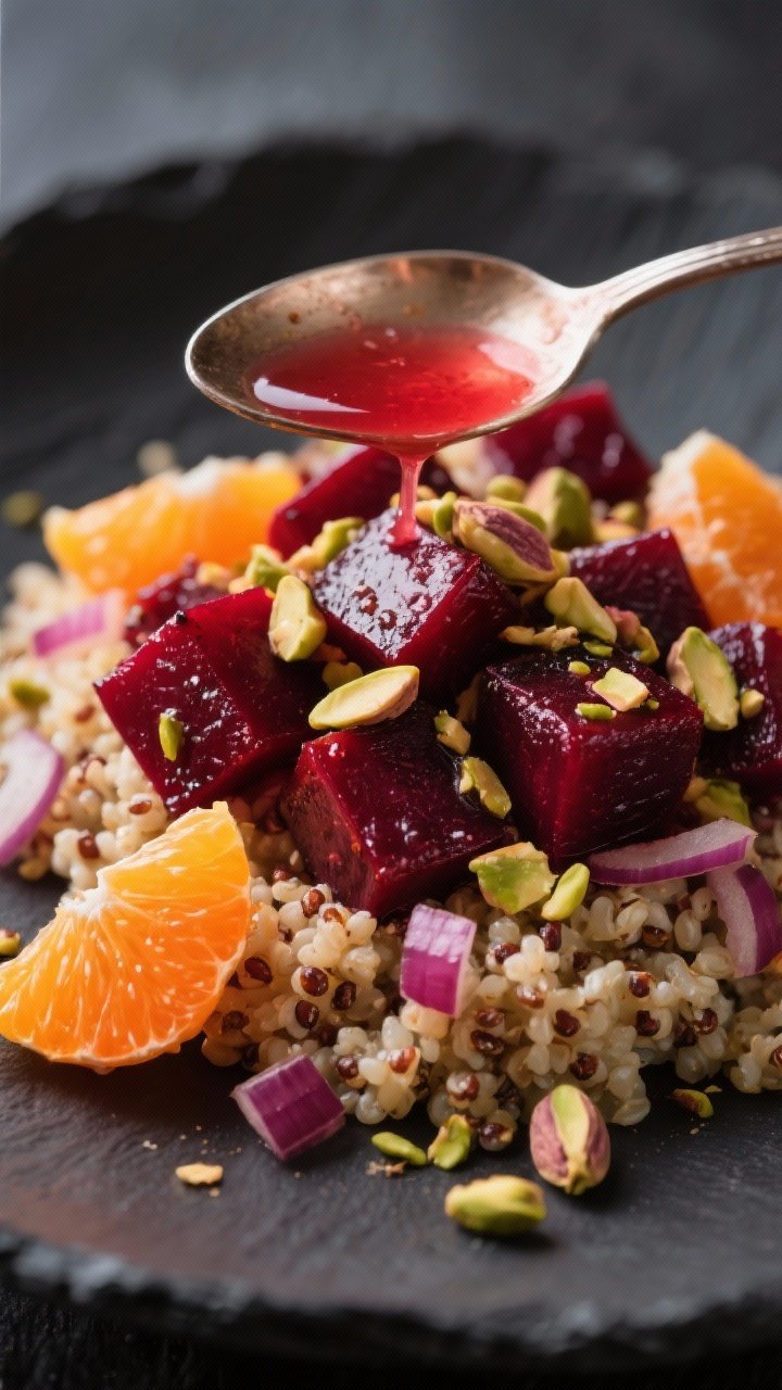 Close-up detail shot of Blood Orange Quinoa With Roasted Beets And Pistachio Crunch: jewel-toned cubes of oven-roasted beets atop fluffy quinoa cooked in vegetable broth, interspersed with vivid blood orange segments. Minced, rinsed red onion adds bite; crushed pistachios scatter across the top for texture. A spoon drizzles reserved blood orange juice, forming a ruby sheen. Shoot tight to capture beet caramelization, citrus vesicles, and pistachio texture, on a dark slate to make colors pop, no people.