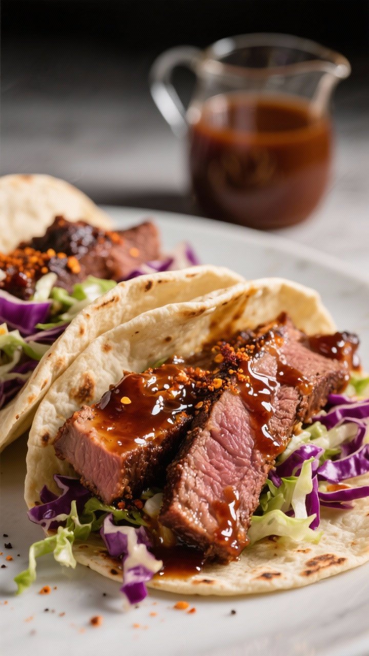 Close-up, glossy detail of sticky chipotle-honey barbecue brisket tacos with crunchy slaw: thick slices and shredded bits of brisket (flat cut) glazed with a chipotle-honey barbecue sheen, spice notes of smoked paprika, mustard powder, garlic powder, black pepper, and a hint of cayenne. Juicy meat piled into tortillas topped with a crisp cabbage slaw (purple and green) for contrast. A small pitcher of beef broth reduction in the background. High-contrast lighting to highlight sticky glaze and slaw crunch, shallow depth of field for luscious texture.