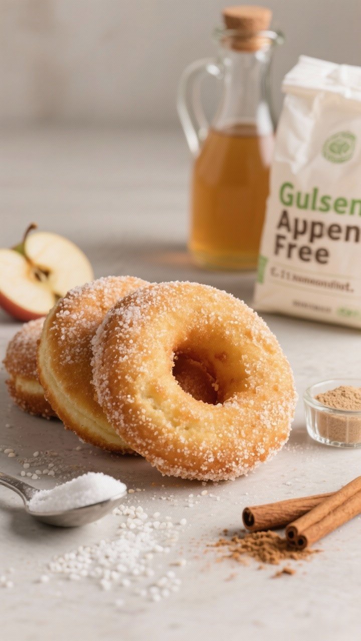 Close-up macro of Gluten-Free Apple Cider Donuts, emphasizing tender crumb and crisp sugar coating: sliced donut showing fine texture from gluten-free 1:1 flour (with xanthan gum) and tapioca starch. Style with a small jug of apple cider, labeled gluten-free flour bag, tapioca starch spoonful, baking powder and soda, kosher salt, and ground cinnamon. Neutral backdrop, soft side light to highlight crumb structure; gluten-free authenticity and indulgent appeal without looking “different.”