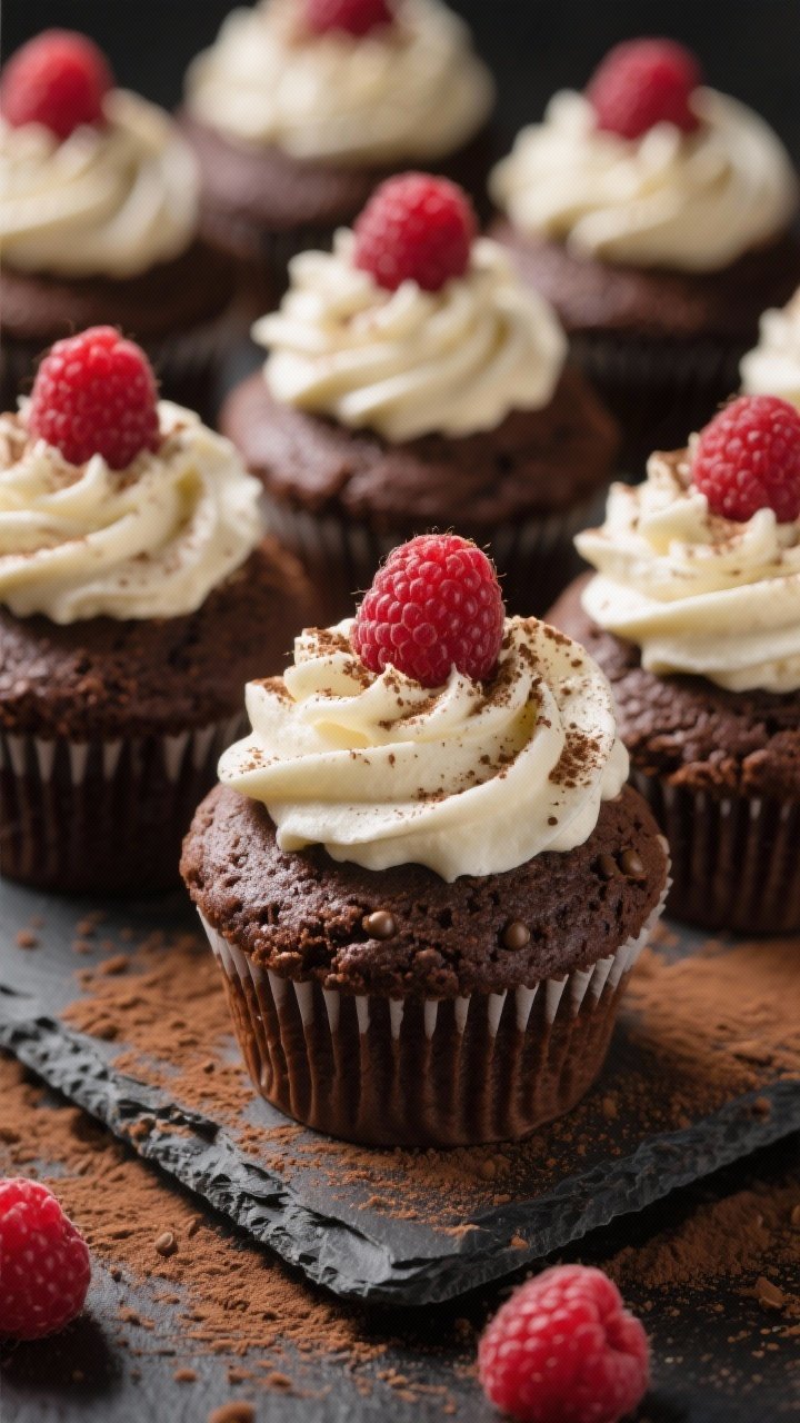 Close-up macro of Party-Perfect Raspberries N Cream Chocolate Cupcakes: dozen cupcakes with domed, moist chocolate tops made from cocoa powder, all-purpose flour, granulated sugar, light brown sugar, baking soda, and baking powder; piped swirls of silky cream on each, crowned with a single fresh raspberry and a light dusting of cocoa; shallow depth of field highlighting crumb texture and raspberry seeds; styled on a slate board with scattered cocoa and a few spare raspberries for pop; moody side light for luscious contrast