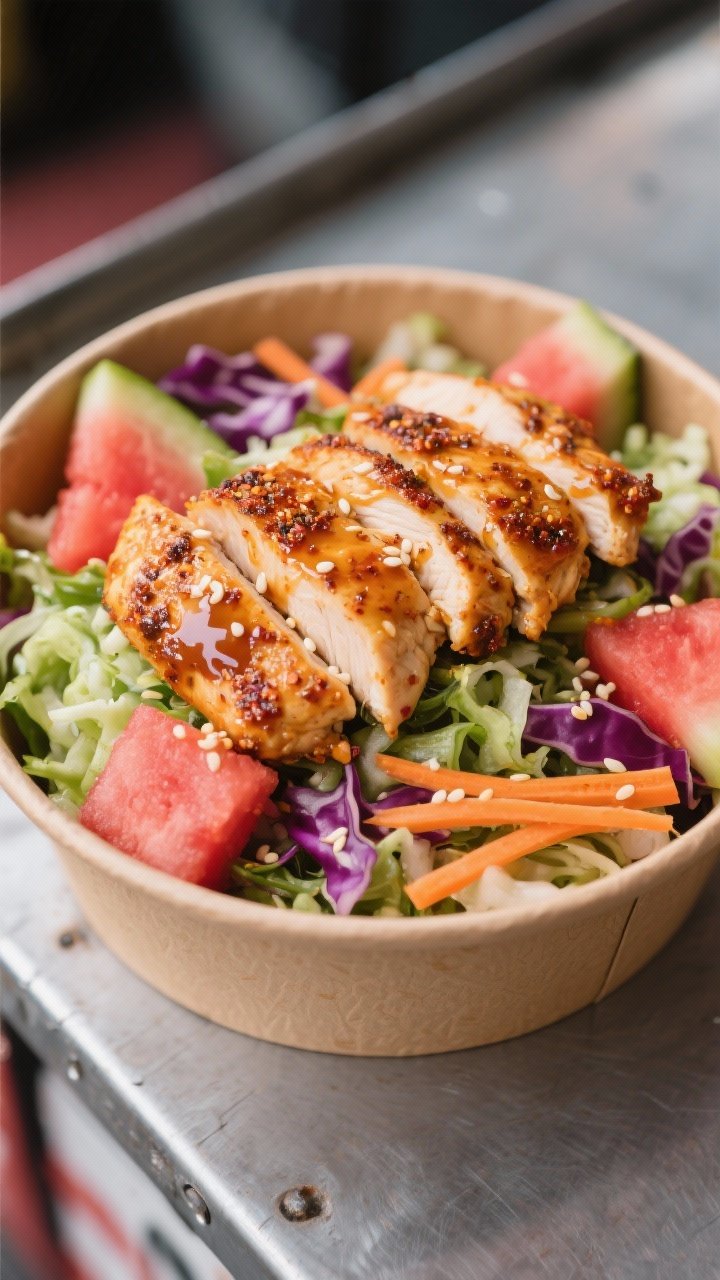 Close-up street-food style bowl for Street-Food Vibes Cajun Chicken And Watermelon Slaw Bowl: juicy chicken tenders seasoned with Cajun and a hint of garlic powder, pan-seared in olive oil, sliced and nestled over a crunchy slaw of shredded green and purple cabbage with julienned carrot; bright, cold watermelon chunks tucked throughout for contrast; vibrant color pop, sesame-free, glossy dressing cling on the slaw, shallow depth of field to emphasize textures, presented in a compostable-style kraft bowl on a stainless street-cart surface.