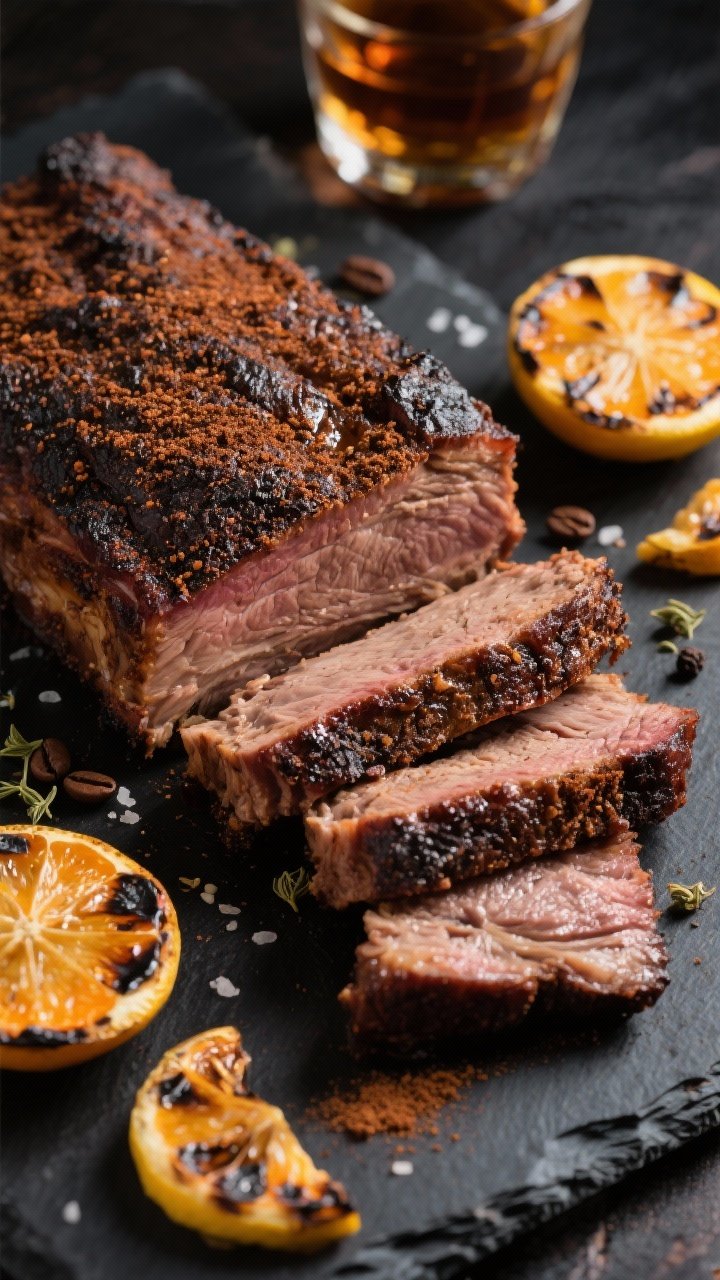 Dramatic close-up of coffee-rubbed bourbon brisket just off the grill, sliced to show succulent interior. The crust is deeply bronzed from finely ground dark roast coffee/espresso powder, brown sugar, kosher salt, black pepper, smoked paprika, and coriander. Charred citrus halves (oranges/lemons) are scattered around, their blistered surfaces glistening, with a small glass of bourbon used for basting in the background. Shot at a 45-degree angle on a dark slate board, high contrast to emphasize texture of the coffee bark and citrus char.