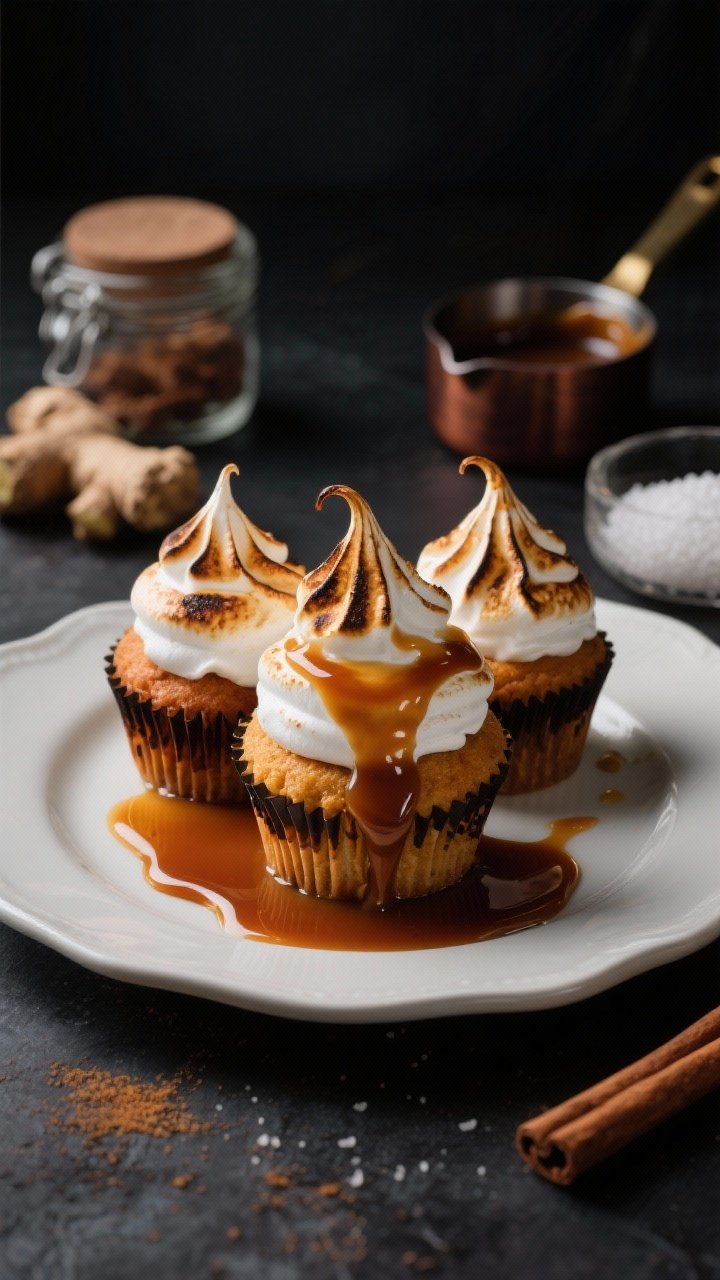 Dramatic straight-on hero shot of Bakery-Showoff: burnt caramel pumpkin cupcakes topped with torched marshmallow meringue peaks, deeply caramelized tips. A slow-drip ribbon of dark amber burnt caramel over some meringue peaks, with a glossy puddle of caramel on the plate. Ingredients hinted in scene: cinnamon and ginger jars, granulated sugar, and a small saucepan of dark caramel. Dark moody background with directional light to emphasize sheen, contrast, and the toasted textures.