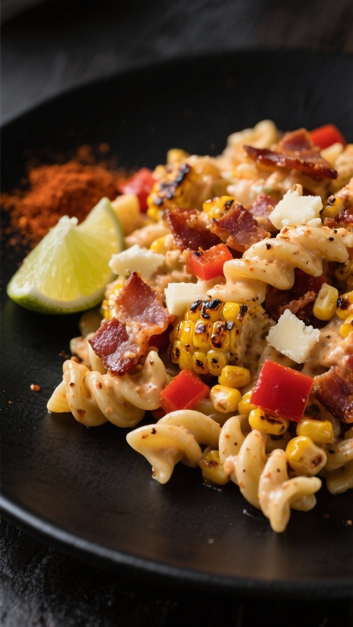 Dynamic close-up of Smoky Chipotle Bacon Cheddar Pasta Salad With Roasted Corn: cavatappi coated in a chipotle-speckled creamy dressing, crumbled bacon, diced sharp white cheddar, charred roasted corn kernels, and diced red bell pepper. Capture smoky depth with visible chipotle flecks and light sheen on the pasta. Garnish with a lime wedge and a pinch of smoked paprika on a matte black plate for contrast. Warm moody lighting to evoke smokiness, shallow depth of field to highlight corn char and cheddar edges.