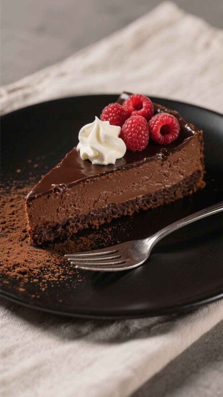 Elegant plated straight-on shot of a Flourless-But-Fabulous Raspberries N Cream Chocolate Torte: dense, glossy slice made with melted bittersweet chocolate, unsalted butter, granulated sugar, Dutch cocoa powder, and a hint of espresso powder; topped with a quenelle of softly whipped cream and a fan of fresh raspberries; fine cocoa dusting on the plate, clean fork line through the cocoa; set on a matte black plate over a linen cloth to emphasize the rich chocolate sheen; directional side light to accent the torte’s fudgy interior and crisp edges