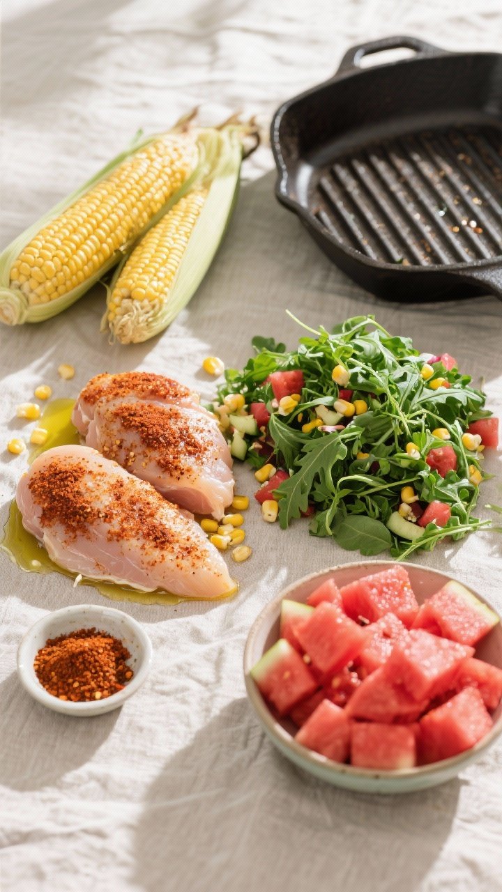 Ingredient-forward prep shot for Farmers’ Market Cajun Chicken, Watermelon, And Corn Salad: neat overhead flat lay on a light linen—raw chicken breasts rubbed with Cajun seasoning and a drizzle of olive oil; freshly cut corn kernels piled next to a shucked ear; a mound of peppery arugula (or baby spring mix); a separate bowl of bright watermelon cubes; small dish of extra Cajun seasoning; cast-iron grill pan off to the side hinting at cooking; natural morning light, clean and farm-fresh mood.