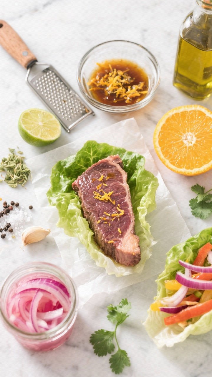 Ingredient prep flat lay for Citrus-Marinated Steak Fajita Lettuce Cups: raw flank steak on parchment, surrounded by zest and juice of an orange, lime juice, minced garlic, cumin, coriander, kosher salt, and black pepper. Small glass bowl of glistening marinade, microplane with fresh orange zest, olive oil bottle, and thinly sliced red onions ready for quick pickling in a jar (pink brine starting to tint). Bright, zesty color palette with citrus slices and fresh cilantro sprigs; clean overhead composition on a light marble surface.