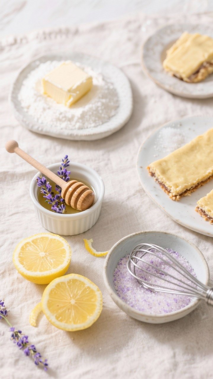 Ingredient-prep overhead flat lay for lavender honey lemon bars that smell like spring: softened unsalted butter, granulated sugar, all-purpose flour, fine sea salt set up for the crust; separate section showing a small honey jar with dipper, culinary lavender buds in a ramekin, freshly zested lemon and halved lemons ready for the filling; include a bowl with pale lavender-speckled sugar and a whisk; neutral linen, light pastel backdrop, airy daylight to convey fragrant, floral freshness; no people, tidy mise en place.