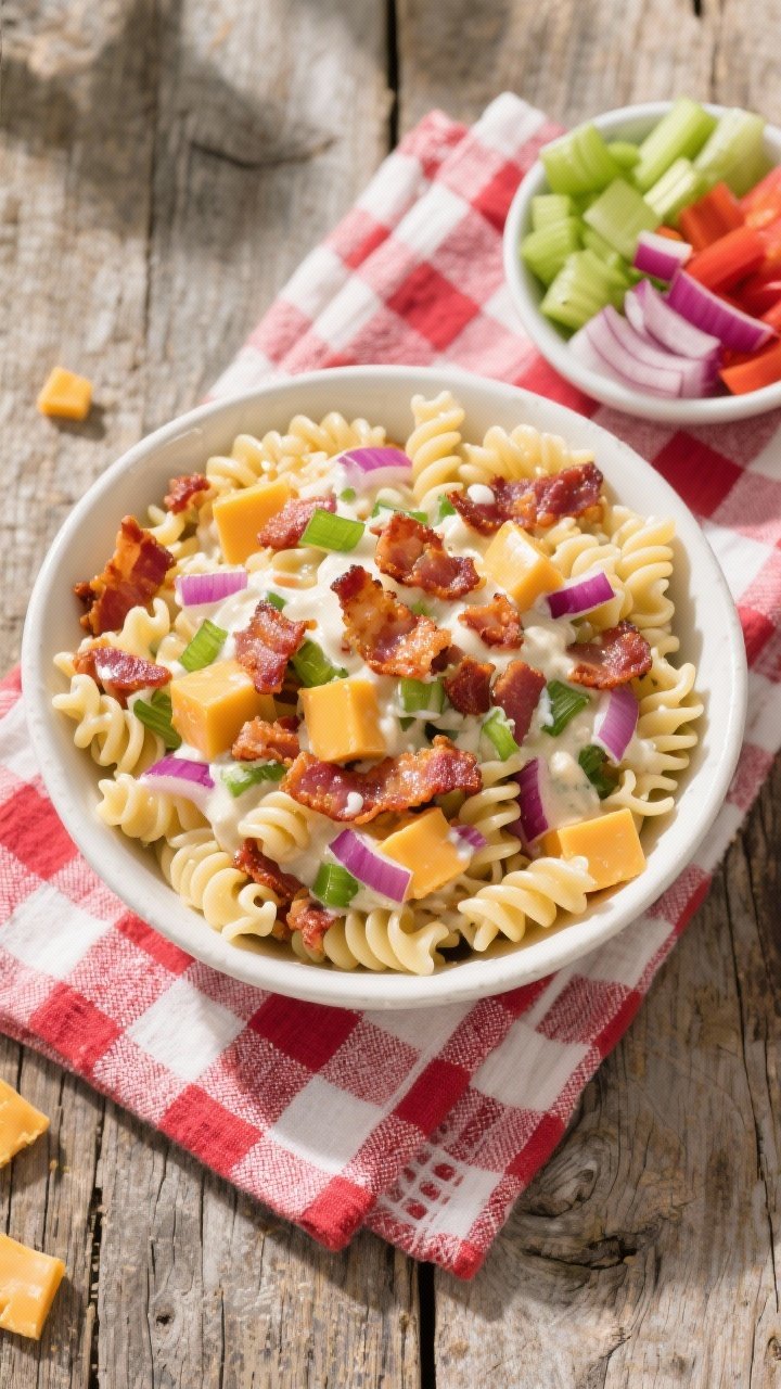 Overhead flat lay of a Classic Backyard Bacon Cheddar Pasta Salad in a large white ceramic bowl: short pasta (rotini and elbows mixed), crumbled thick-cut crispy bacon, sharp cheddar cubes and shreds, finely chopped celery, and purple flecks of red onion tossed in a creamy dressing. Style with a picnic vibe on a weathered wooden table, a red-and-white check cloth, extra bacon crumbles and cheddar shards sprinkled on top, and a small side dish of chopped celery and red onion. Bright natural daylight, high contrast, appetizing glisten on the dressing, no people.