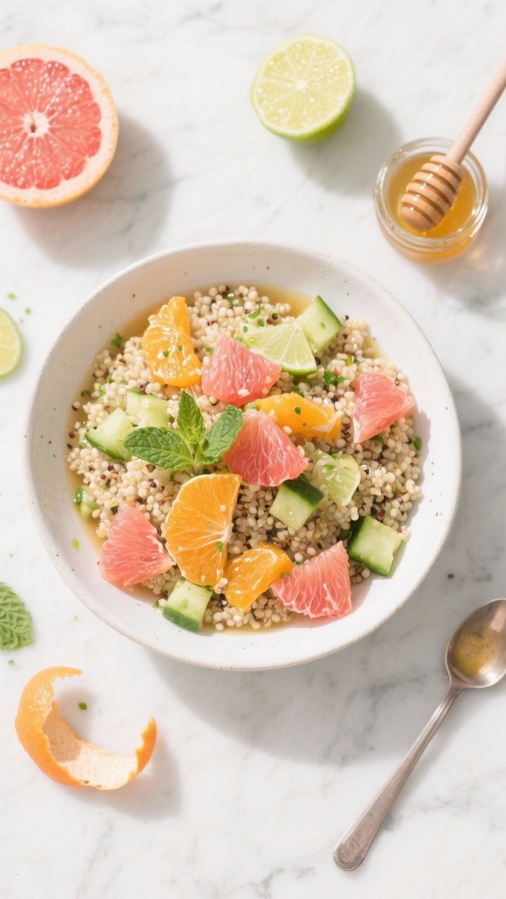 Overhead flat lay of Sunshine Market Citrus Quinoa With Honey-Lime Glow: a wide white ceramic bowl filled with fluffy quinoa cooked in vegetable broth, tossed with juicy chopped navel orange and pink grapefruit segments, and crisp diced cucumber. Garnish with a glossy honey-lime drizzle, tiny lime zest flecks, and a few mint leaves for brightness. Surround the bowl with a halved lime, citrus peels, a small jar of honey, and a spoon showing the vinaigrette. Bright morning light, clean marble surface, vibrant oranges, pinks, and fresh green accents, no people.