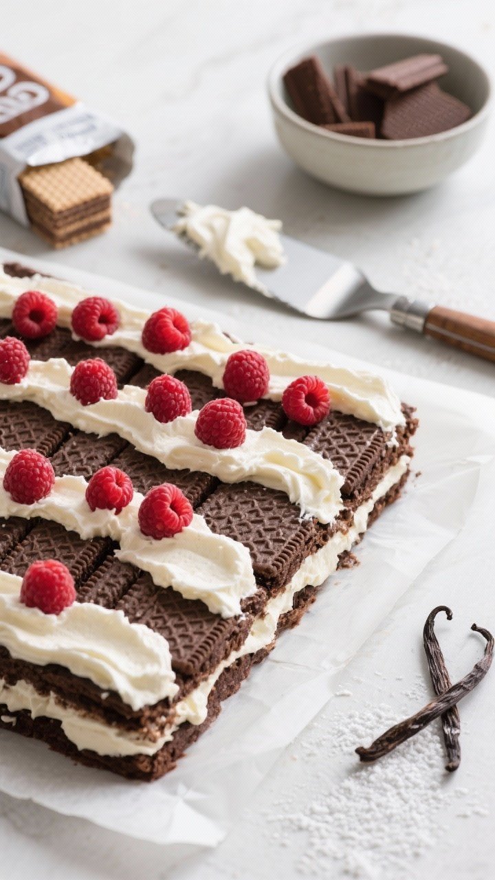 Overhead ingredient-and-assembly shot for No-Bake Raspberries N Cream Chocolate Icebox Cake: layers of chocolate wafer cookies arranged on a parchment-lined rectangle, swoops of whipped cream cheese filling made from cold heavy cream, softened cream cheese, powdered sugar, vanilla bean paste, and a pinch of salt; fresh raspberries arranged between layers and in a bowl nearby; an offset spatula with a ribbon of cream, open sleeve of chocolate wafers, and vanilla bean pod halves on the side; cool, clean light, high contrast to emphasize creamy textures and dark wafers