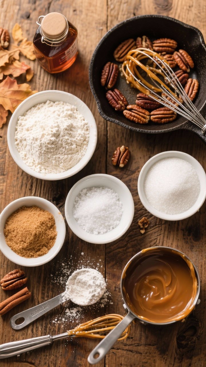 Overhead ingredient-prep flat lay for a caramel pecan maple layer cake: neat bowls of all-purpose flour, packed light brown sugar, granulated sugar, baking powder, baking soda, fine salt, and ground spice (cinnamon), alongside a jar of maple syrup, a pan with toasted pecans, and a small saucepan of warm caramel; rustic wooden surface, measuring spoons dusted with flour, a whisk with sticky caramel threads; warm autumnal tones highlighting nutty textures and maple-caramel sheen.