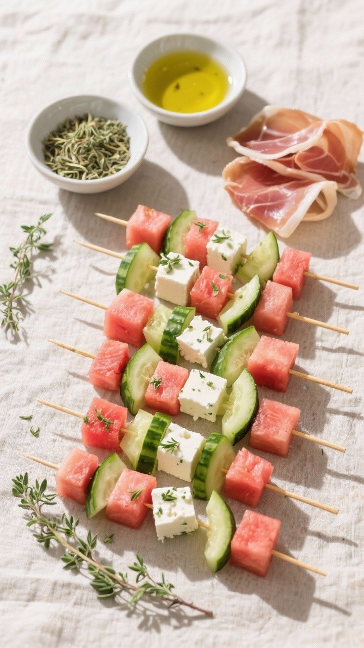 Overhead ingredient-prep flat lay for Herbed Greek-Style Skewers With Cucumber And Oregano: tidy rows of 1-inch watermelon cubes, 1-inch feta cubes, halved lengthwise deseeded English cucumber cut into half-moons, thin prosciutto slices halved and loosely folded. Small bowls with dried oregano and extra-virgin olive oil, a few oregano sprigs for mood. Neutral linen, light and airy Mediterranean vibe, labeled mise en place feel with clean shadows and crisp textures.