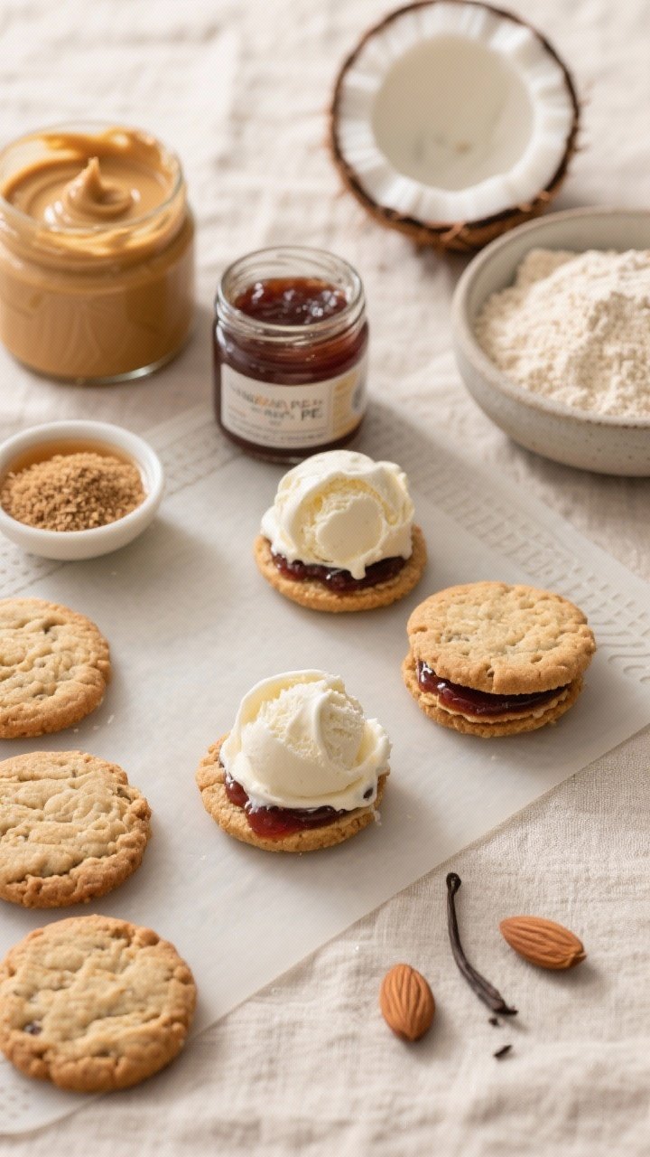 Overhead ingredient-prep flat lay for Vegan PB & J Ice Cream Sandwich: natural creamy peanut butter (well-stirred), softened coconut oil, coconut sugar, maple syrup, vanilla extract, ground flax or chia gel (as egg replacer), almond flour or oat flour, dairy-free vanilla ice cream, and a jar of jam; small scoops of vegan ice cream and a few sandwiched cookies in progress on a silicone mat; neutral linen, matte ceramics, soft diffuse lighting for a wholesome, plant-based vibe.