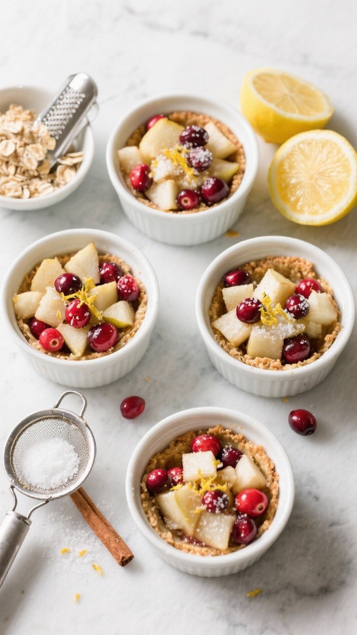 Overhead ingredient-to-assembly shot for Mini Cranberry Pear Crisps in ramekins: four white ramekins filled with a mix of small-diced pears and whole cranberries tossed with granulated sugar, cornstarch, lemon zest, lemon juice, ground cinnamon, and a pinch of salt; a separate bowl of oat-butter crumble ready to sprinkle; zester, lemon halves, and a tiny sieve of sugar arranged neatly; crisp, organized flat lay on a light stone surface, natural daylight highlighting the ruby cranberries and sunny lemon zest.