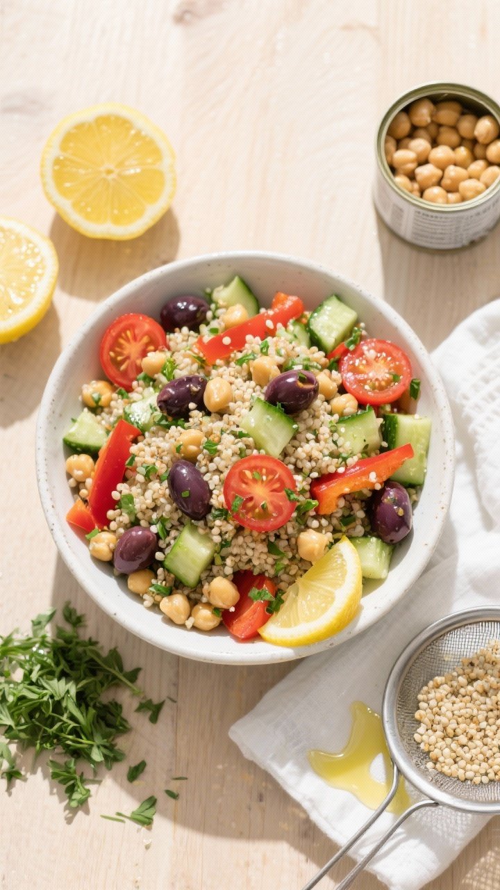 Overhead ingredient-to-bowl scene for Zesty Lemon-Herb Quinoa With Chickpeas And Crunchy Veg: a large salad bowl of quinoa with chickpeas, halved cherry tomatoes, diced English cucumber, diced red bell pepper, and Kalamata olives, tossed with a bright lemon-herb dressing. Surround with lemon halves, a small pile of chopped herbs, an open can of chickpeas rinsed in a sieve, and a drizzle trail of olive oil. Crisp, sunlit setup on a light wood surface emphasizing zesty yellows, tomato reds, cucumber greens, and olive purples, no people.